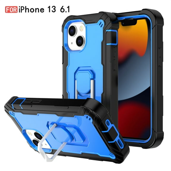 iPhone 13 Case - Heavy Duty Hybrid Rugged Dual Layer Protective Shockproof Kickstand Cover with Ring Holder for Apple iPhone 13 6.1", B