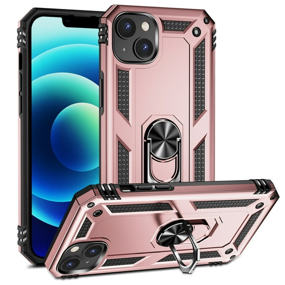 For iPhone 13 Case ,Heavy Duty Shockproof Body Phone Cover Built in Metal Rotated Magnetic Ring Holder Kickstand,Dropproof,Dustproof,Anti-Scratch,Dual Layer Military-Grade Drop protection,Rosegold
