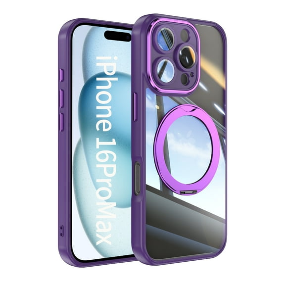 for iPhone 13 Case with Integrated Lens Protector, [Foldable Stand & Rotatable Ring Holder], Glossy Shockproof Bumper Dustproof Clear Women Men Case for iPhone 13, Darkpurple