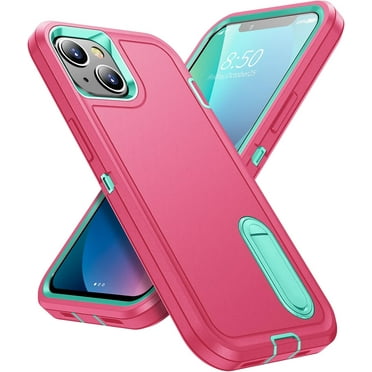 for iPhone 13 Case Kickstand Case 3-Layer Military Grade Protective Case Cover Silicone Heavy Duty Rugged Shockproof for iPhone 13 Phone Case (Rose Red+Cyan)