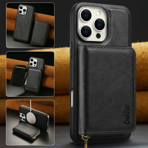 For iPhone 13 Case,[Magnetic Detachable Flip Zipper Purse][Compatible with Mag-Safe] [With Card Slots] PU Leather Kickstand Shockproof Rugged Anti-fall Phone Case Cover,Black
