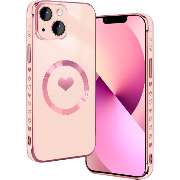 for iPhone 13 Case Magnetic Version Compatible with MagSafe with Full Camera Lens Protection Reinforced Corners Cute Love Heart Soft TPU Electroplate Edge Bumper Cute Cover for Women, Pink