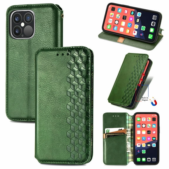 iPhone 13 Case, PU Leather TPU Wallet Cover with Card Holder Kickstand Hidden Magnetic Adsorption Shockproof Flip Folio Cell Phone Case for Apple iPhone 13 6.1 inch 2021, Green