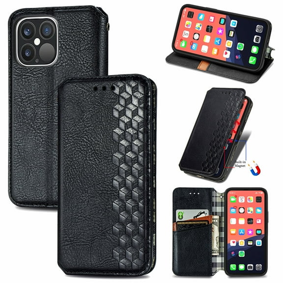 iPhone 13 Case, PU Leather TPU Wallet Cover with Card Holder Kickstand Hidden Magnetic Adsorption Shockproof Flip Folio Cell Phone Case for Apple iPhone 13 6.1 inch 2021, Black