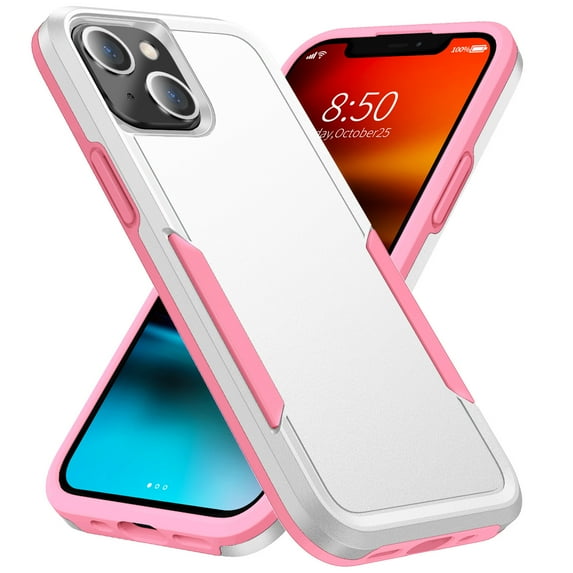 for iPhone 13 Case, Phone Case Heavy Duty 2 in 1 Full Body Rugged Shockproof Hybrid Hard PC Soft TPU Bumper Drop Protective Girls Women Boy Men Covers for iPhone 13, White+Pink