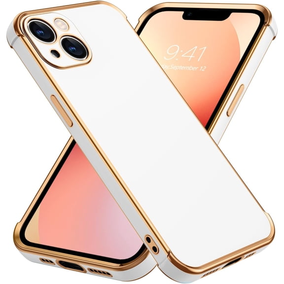 iPhone 13 Case, Phone Case iPhone 13 6.1, Slim Thin Luxury Gold Design Shockproof Protective Soft TPU Bumper Drop Protection Cute Case for Girls Women Boys Men iPhone 13 Cover, White/Gold