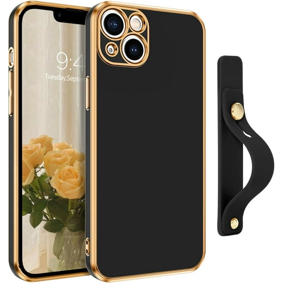 iPhone 13 Case, Phone Case iPhone 13, Slim Fit Soft TPU with Adjustable Wristband Kickstand Scratch Resistant Shockproof Protective Phone Cover for Apple iPhone 13 6.1 Inch 2021, Black Golden