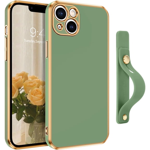 iPhone 13 Case, Phone Case iPhone 13, Slim Fit Soft TPU with Adjustable Wristband Kickstand Scratch Resistant Shockproof Protective Phone Cover for Apple iPhone 13 6.1 Inch 2021, Green Golden