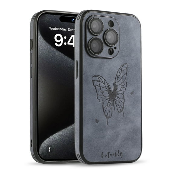For iPhone 13 Case Plain Butterfly Pattern  with Camera Lens Protection Shockproof Soft Protective Synthetic Leather Slim Phone Case Cover for iPhone 13 Case 6.1 Inch, Gray