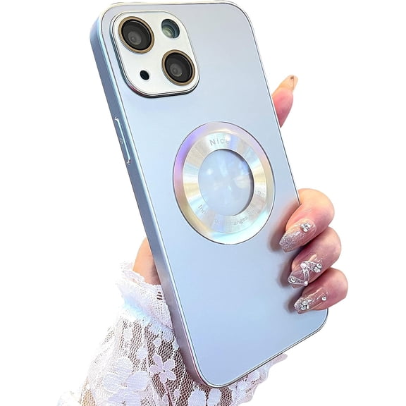 for iPhone 13 Case Plating Magnetic [ Support for Magsafe ] Logo View Gradient Iridescent Luxury Elegant Classic Screen Protector Protective Phone Case (2021) 6.1" - White