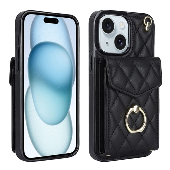 For iPhone 13 Case Premium PU Leather Accordion Folding Wallet &Card Holder With RFID Shielding Material Phone Case With Adjustable Ring Holder And Detachable Crossbody & Wrist Strap,black