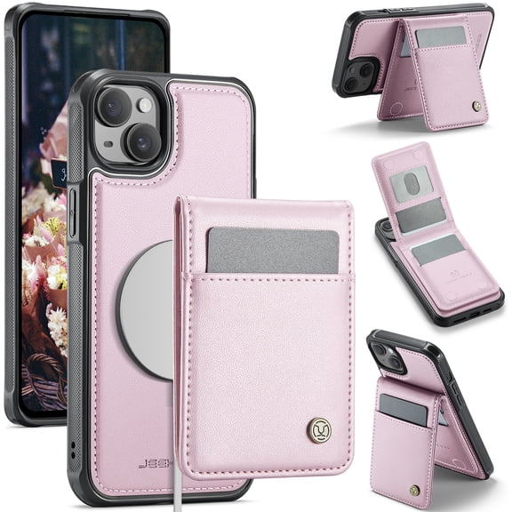 for iPhone 13 Case with RFID Blocking Card Holder iPhone 13 Case Magsafe Compatible Phone case Kickstand Wallet 2 in 1 Detachable Magnetic Leather Cover for Men Women, Pink