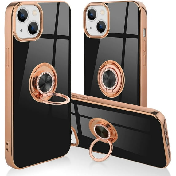for iPhone 13 Case with Ring Holder Luxury Glitter Plating Gold Edge 360 Rotation Kickstand Phone Case for Women Shockproof Soft TPU Anti-Scratch Protective Cover Case-Black