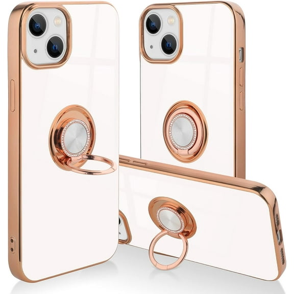 for iPhone 13 Case with Ring Holder Luxury Glitter Plating Gold Edge 360 Rotation Kickstand Phone Case for Women Shockproof Soft TPU Anti-Scratch Protective Cover Case-White