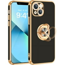 for iPhone 13 Case with Ring Stand, [360° Rotatable Ring Holder Magnetic Kickstand] [Shiny Plating Gold Edge] Slim Soft TPU Shockproof Protective Cover Case for Women Men Girls Boys, Black
