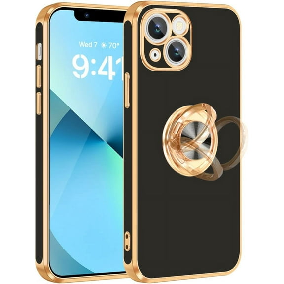 for iPhone 13 Case with Ring Stand, [360° Rotatable Ring Holder Magnetic Kickstand] [Shiny Plating Gold Edge] Slim Soft TPU Shockproof Protective Cover Case for Women Men Girls Boys, Black
