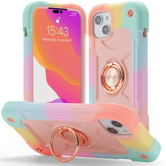 for iPhone 13 Case with Ring Stand, Heavy Duty Military Grade Rugged Shockproof Silicone Rubber Magnetic Kickstand Holder Case for Women Girls For iPhone 13 , Rainbow Pink