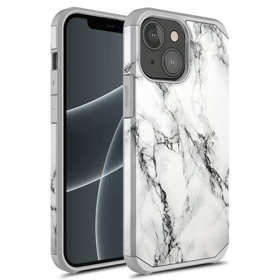 iPhone 13 Case, Rosebono Slim Hybrid Shockproof Hard Cover Graphic Fashion Colorful Skin Cover Armor Case for iPhone 13 6.1" (White Marble)