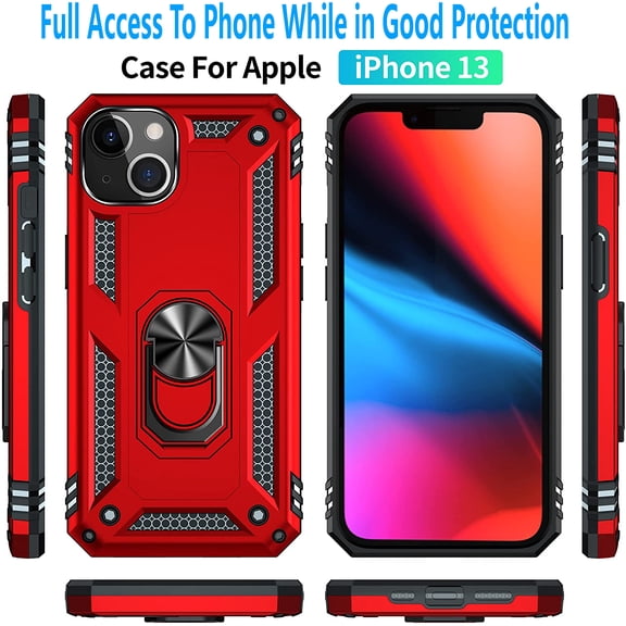 iPhone 13 Case, STARSHOP Drop Protection Ring Kickstand Cover- Red