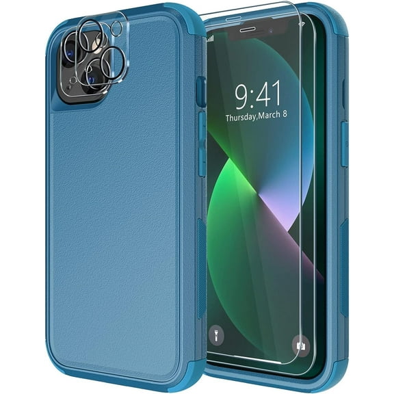 for iPhone 13 Case [Shockproof] [Dropproof] [Tempered Glass Screen Protector + Camera Lens Protector],Heavy Duty Protection Phone Case Cover for Apple iPhone 13 (Sea Blue)