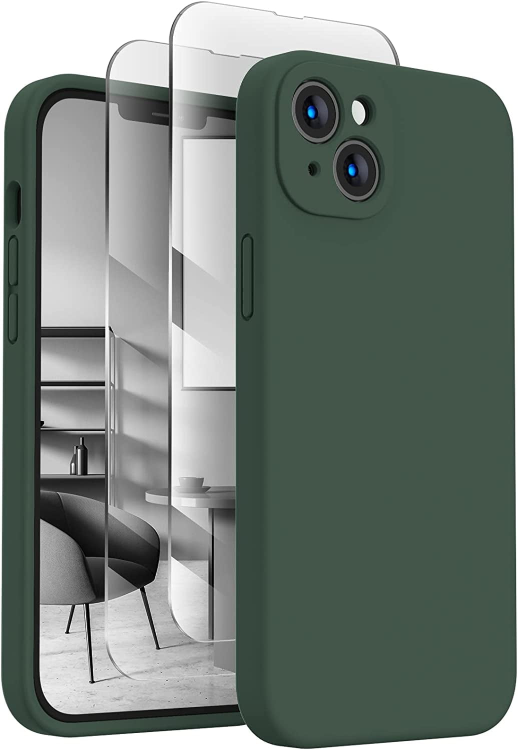 for iPhone 13 Case, Silicone Upgraded [Camera Protection] Phone Case with [2 Screen Protectors], Soft Anti-Scratch Microfiber Lining Inside, 6.1 inch, Alpine Green