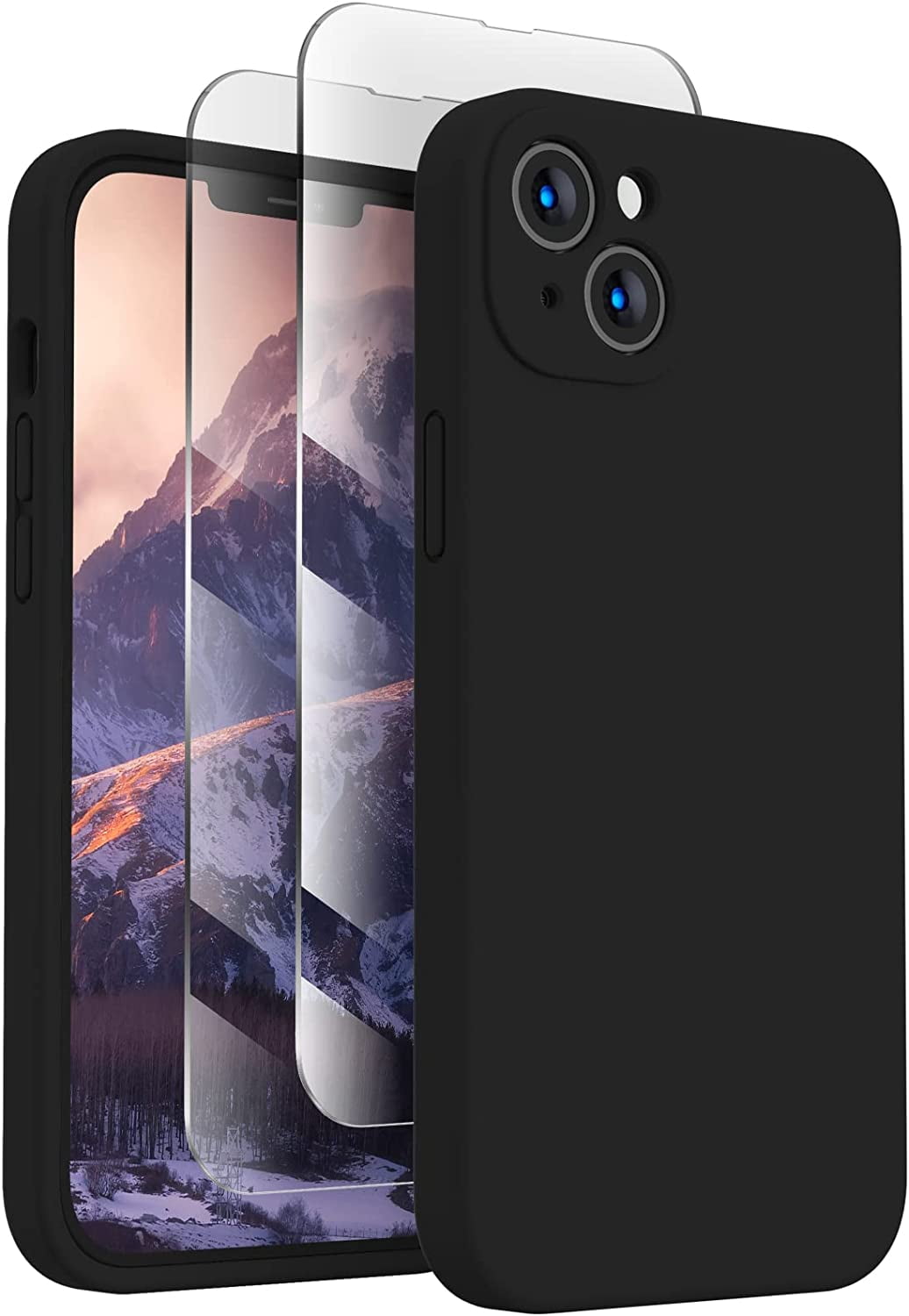 for iPhone 13 Case, Silicone Upgraded [Camera Protection] Phone Case with [2 Screen Protectors], Soft Anti-Scratch Microfiber Lining Inside, 6.1 inch, Black