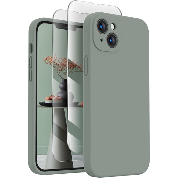 for iPhone 13 Case, Silicone Upgraded [Camera Protection] Phone Case with [2 Screen Protectors], Soft Anti-Scratch Microfiber Lining Inside, 6.1 inch, Calke Green
