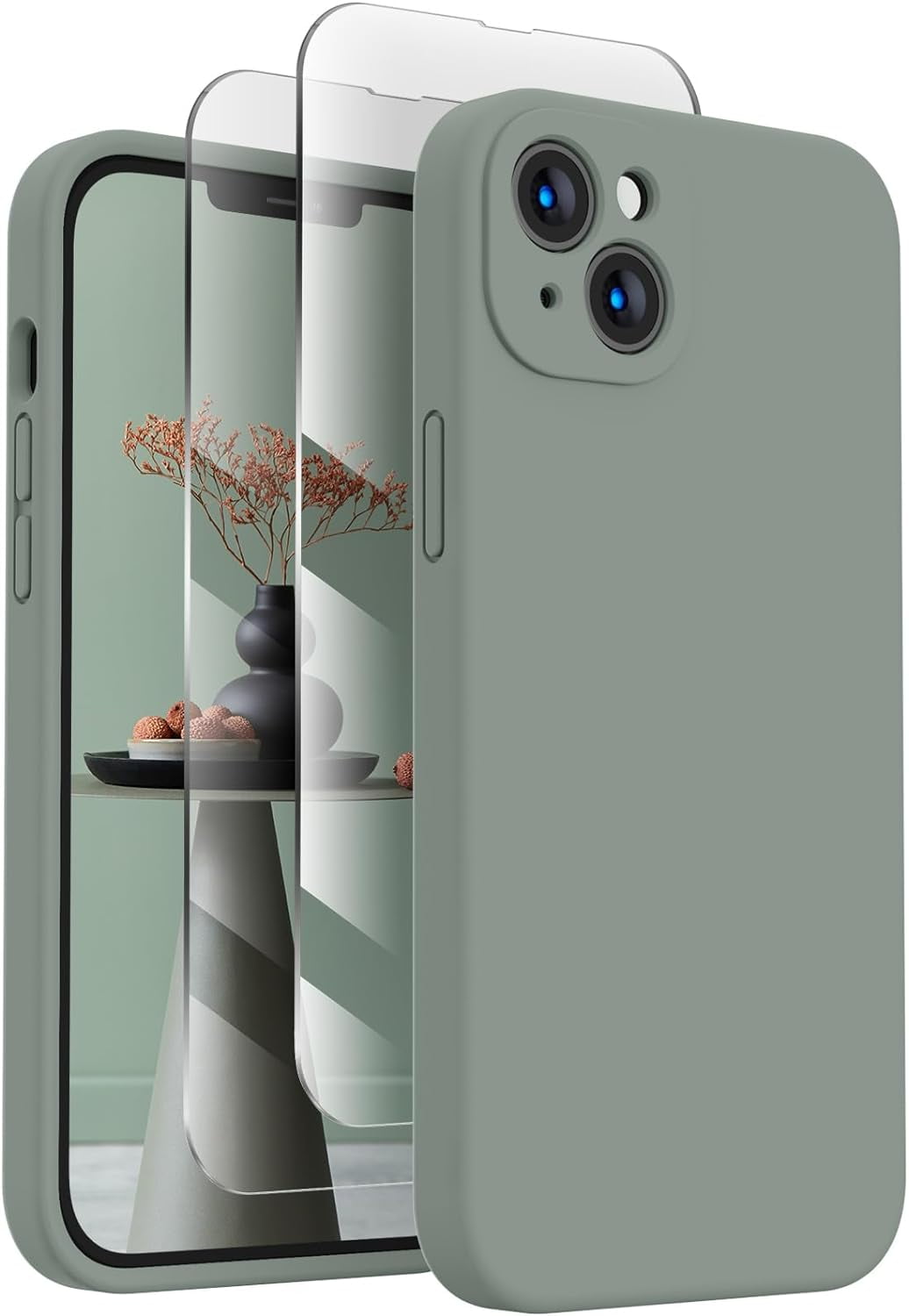 for iPhone 13 Case, Silicone Upgraded [Camera Protection] Phone Case with [2 Screen Protectors], Soft Anti-Scratch Microfiber Lining Inside, 6.1 inch, Calke Green