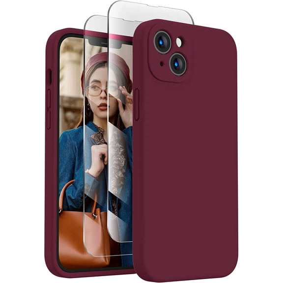 for iPhone 13 Case, Silicone Upgraded [Camera Protection] Phone Case with [2 Screen Protectors], Soft Anti-Scratch Microfiber Lining Inside, 6.1 inch, Plum
