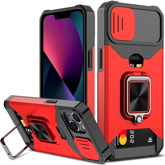 for iPhone 13 Case with Sliding Camera Cover and Card Holder Heavy Duty Protective iPhone 13 Case with Ring Magnetic Kickstand Phone Case for iPhone 13 6.1 inch(Red)