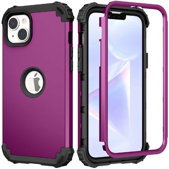 for iPhone 13 Case, Slim Dual Layer 3 in 1 Heavy Duty Protection Hybrid Hard PC Soft Silicone Rugged Bumper Anti Slip Full-Body Protective Cases for iPhone 13, Purple