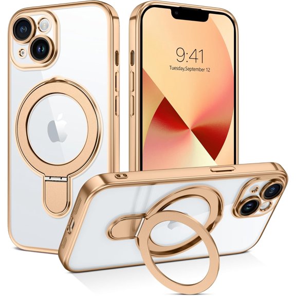 for iPhone 13 Case with Stand, Magnetic Clear Cases Plating Edge Invisible Ring Holder Slim Shockproof Protective Kickstand Phone Case for iPhone 13 6.1'', Desert Titanium Gold