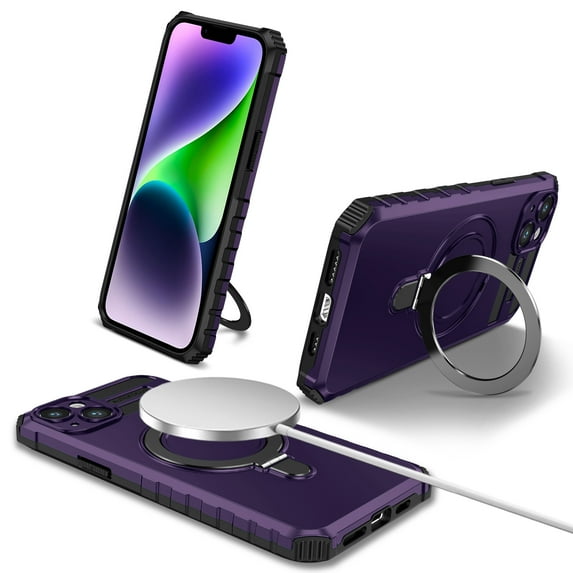 for iPhone 13 Case with Stand, Magnetic Rugged Military Grade Shockproof Portective Case Compatible with MagSafe Wireless Charger&Magnetic Car Mount Holder For iPhone 13, Purple