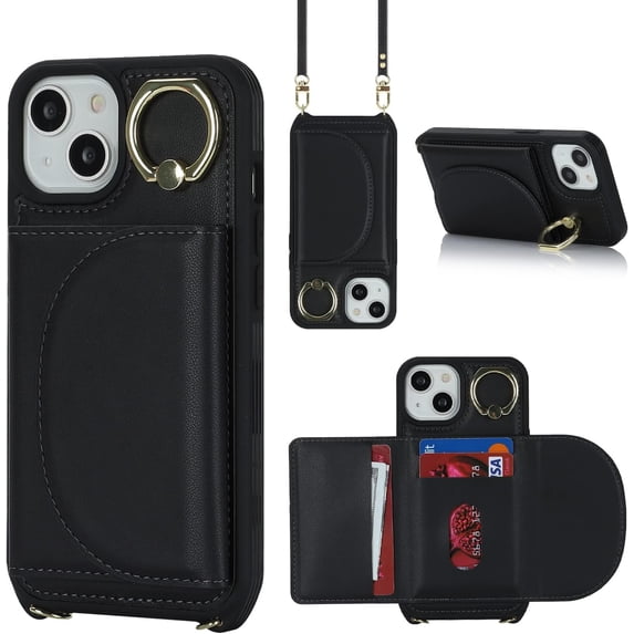 for iPhone 13 Case with Strap for Women,for iPhone 14 Phone Case Wallet with Card Holder,Credit Card Holder,Ring Stand,Crossbody Lanyard,PU Leather Cases for iPhone 13/14 6.1''(Black)