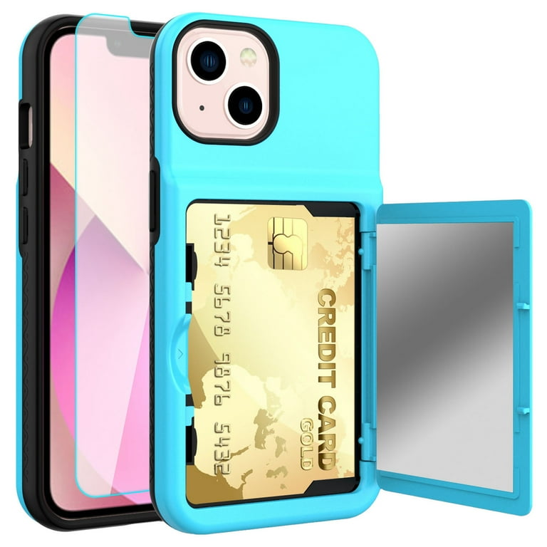 iPhone 13 Case with Tempered Glass Screen Protector Dteck Wallet Case Credit Card Holder Hidden Mirror Heavy Duty Shockproof Protective Case for