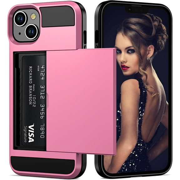 For iPhone 13 Case Wallet Credit Card Holder ID Slot Sliding Door Hidden Pocket Men Women Anti-Scratch Dual Layer Hybrid Bumper  Protective Hard Shell Back Cover for iPhone 13 6.1" Pink