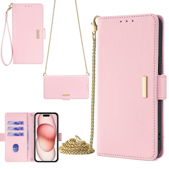 for iPhone 13 Case Wallet, Credit Card Holder RFID Blocking Case with Crossbody Chain & Wrist Strap Quilted PU Leather Kickstand Magnetic Clasp Purse Handbag Shockproof Case,Pink