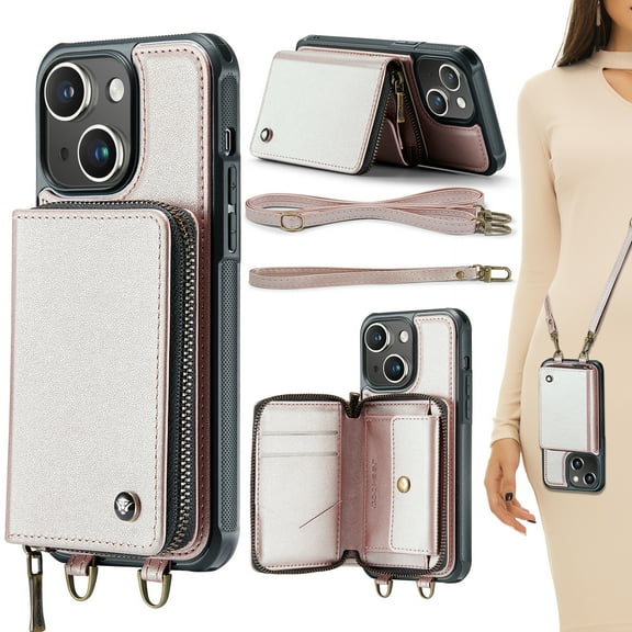 for iPhone 13 Case Wallet, Crossbody Zipper Purse Handbag with RFID Blocking Card Slots Kickstand, Detachable Shoulder Lanyard Flip Style PU Leather Shockproof Case for iPhone 13,Rosegold
