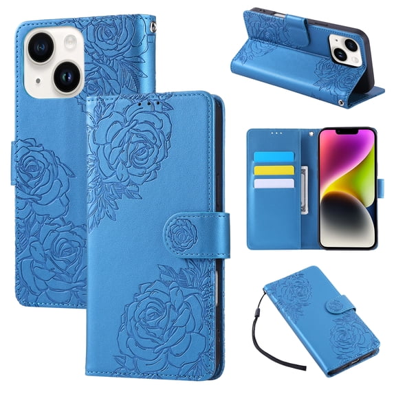 for iPhone 13 Case Wallet with Floral Embossed Design, Premium PU Leather + TPU, Card Slots Kickstand Magnetic Clasp Wrist Strap Shockproof Full Body Cover for iPhone 13, Blue