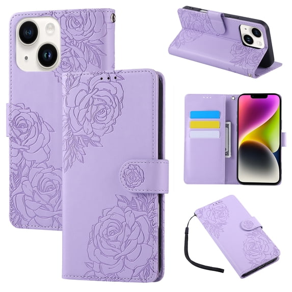 for iPhone 13 Case Wallet with Floral Embossed Design, Premium PU Leather + TPU, Card Slots Kickstand Magnetic Clasp Wrist Strap Shockproof Full Body Cover for iPhone 13, Purple