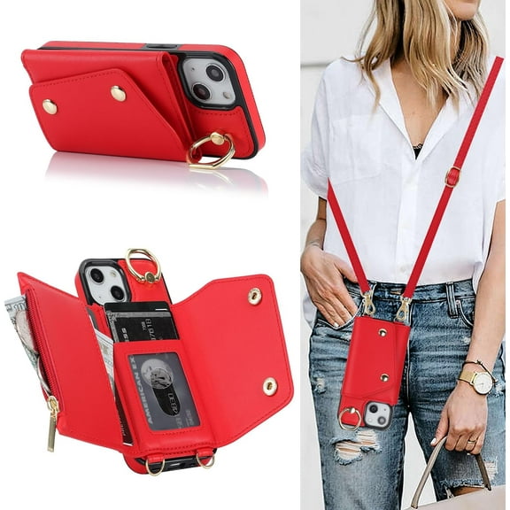 for iPhone 13 Case Wallet with Strap for Women,Crossbody Lanyard and Wristlet Strap,Zipper Pocket,Credit Card Holder,Ring Stand,RFID Blocking Phone Wallet Cases(6.1 inch,Red)