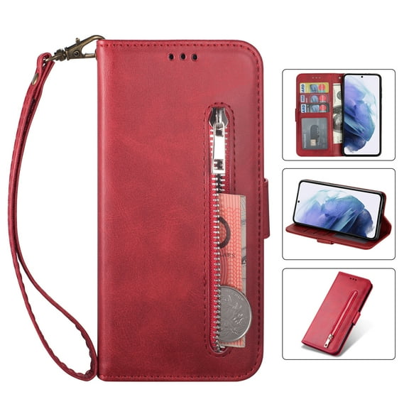 for iPhone 13  Case Wallet, iPhone 13  Card Pocket Case Premium Magnetic Flip Cover, PU Leather Kickstand Wrist Strap Zipper Card Holder Case for iPhone 13 , Red