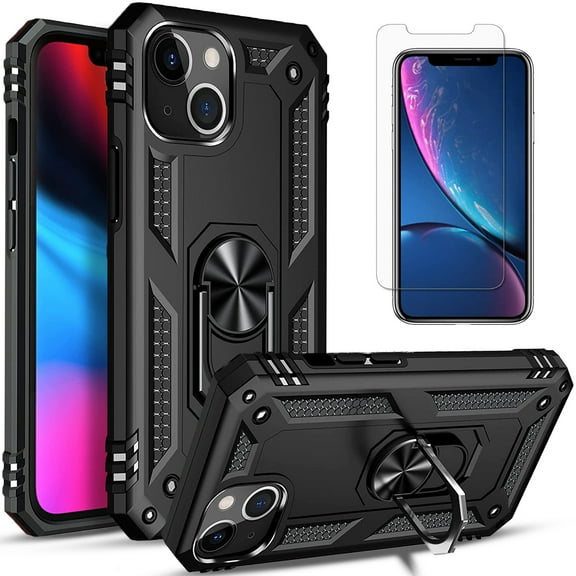 iPhone 13 Case,  With [Tempered Glass Screen Protector], STARSHOP Drop Protection Ring Kickstand Cover- Black