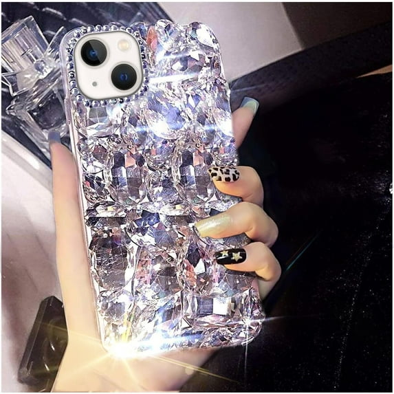 for iPhone 13 Case for Women(6.1 inch),Very Shiny Luxury Bling Phone Case with 3D Glitter Sparkle Crystal Rhinestone Diamond Gems on Hard Reflective PC Back Cover for Girls(Silver)