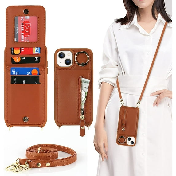 iPhone 13 Case for Women with Card Holder, iPhone 13 Phone Case Wallet with Strap,Crossbody Lanyard Cases with Credit Card Slots Kickstand with Ring Holder Stand Case,6.1 Inch,Brown