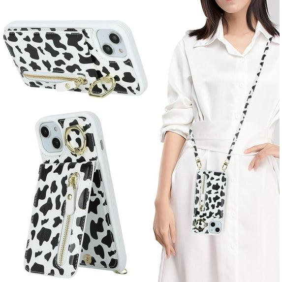 iPhone 13 Case for Women with Card Holder, iPhone 13 Phone Case Wallet with Strap,Crossbody Lanyard Cases with Credit Card Slots Kickstand with Ring Holder Stand Case,6.1 Inch,Cow Print