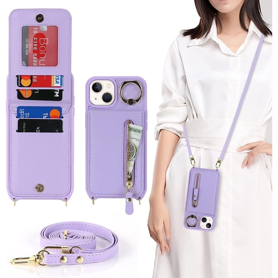 iPhone 13 Case for Women with Card Holder, iPhone 13 Phone Case Wallet with Strap,Crossbody Lanyard Cases with Credit Card Slots Kickstand with Ring Holder Stand Case,6.1 Inch,Purple