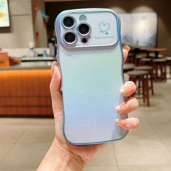 for iPhone 13 Case for Women & Girls, Cute Wave Design with Curly Shape, Heart Pattern, Raised Camera Protection, Luxury Plating, Shockproof Protective Phone Cover, Blue