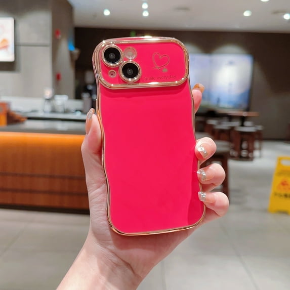 For iPhone 13 Case,for Women Girls Soft Cute Wave Frame Curly Shape Love Heart Luxury Plating Phone Case,Luxury Slim Plating EdgeCase,Anti-slip Grip,Full camera lens protection,Rose
