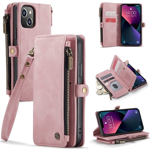 for iPhone 13 Case, for iPhone 13 Case Wallet for Women Men, Durable PU Leather Magnetic Flip Strap Wristlet Zipper Card Holder Wallet Phone Case for iPhone 13 [6.1 inch], Rose Pink